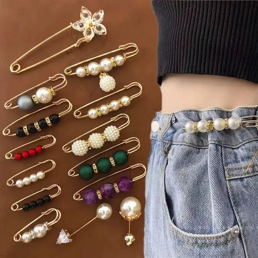 New Pearls Pin Brooch for Women Waist Tighting Clip Safety Pin Brooch Sweater Cardigan Buckle Brooches Jewelry Gift